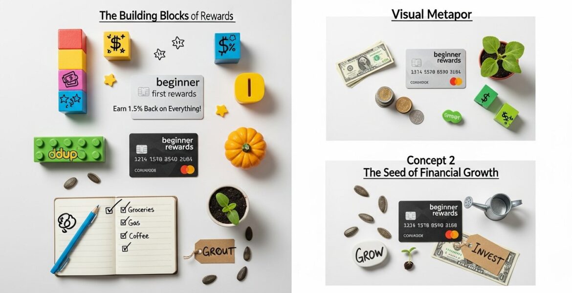 Illustration of a beginner-friendly rewards credit card with points, shopping bag, and loyalty program icons