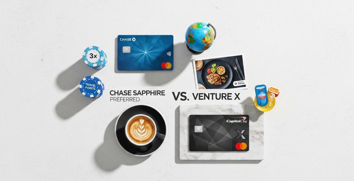Featured illustration: Chase Sapphire Preferred vs Capital One Venture X credit card rewards and loyalty program comparison