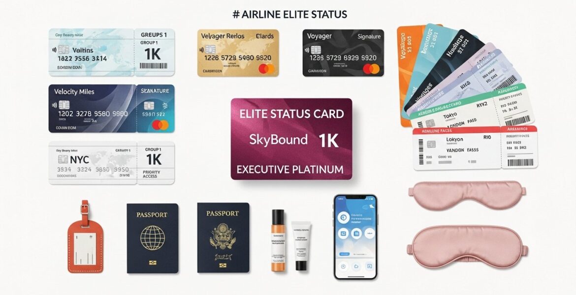 Illustration of traveler earning airline elite status through loyalty rewards and smart shopping tips