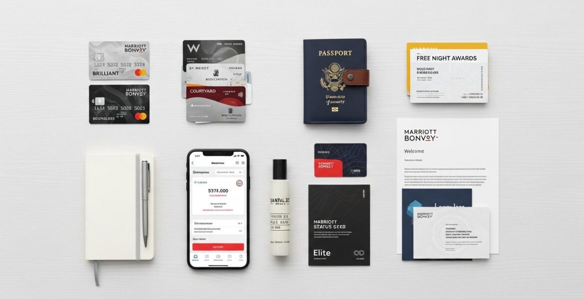 Illustration of Marriott Bonvoy loyalty program showing points, hotel icon and credit card representing rewards