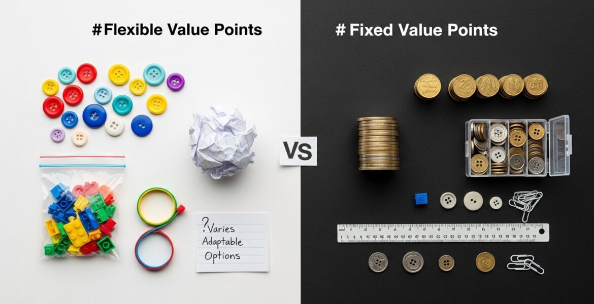 Illustration comparing flexible vs fixed-value loyalty points for rewards and smart shopping.