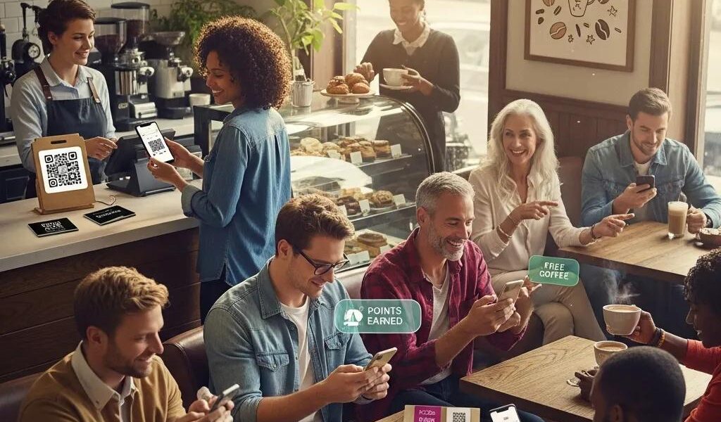 People enjoying a coffee shop, engaging with loyalty programs on smartphones