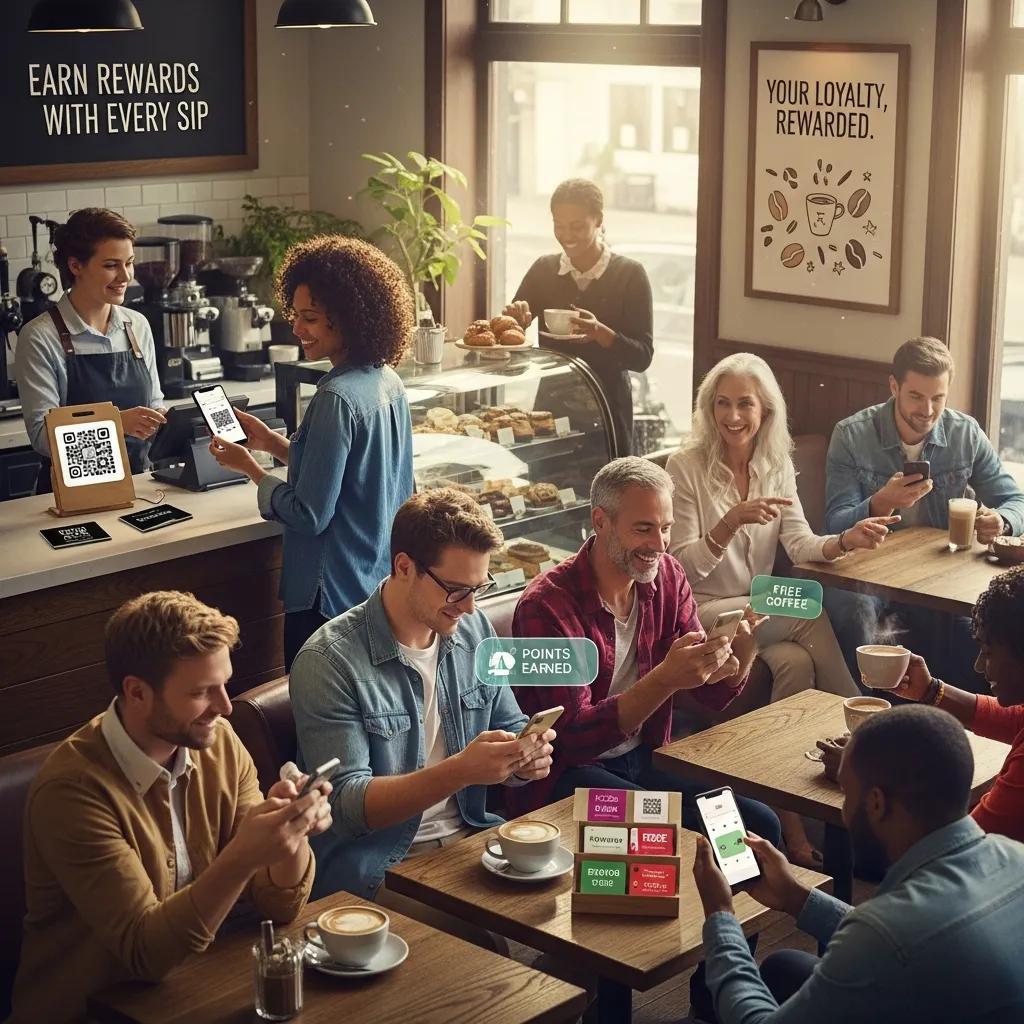 People enjoying a coffee shop, engaging with loyalty programs on smartphones