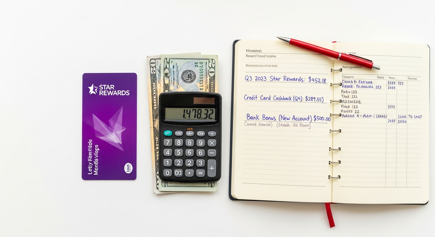 Illustration of cash, credit cards, and points representing financial rewards and their tax implications.