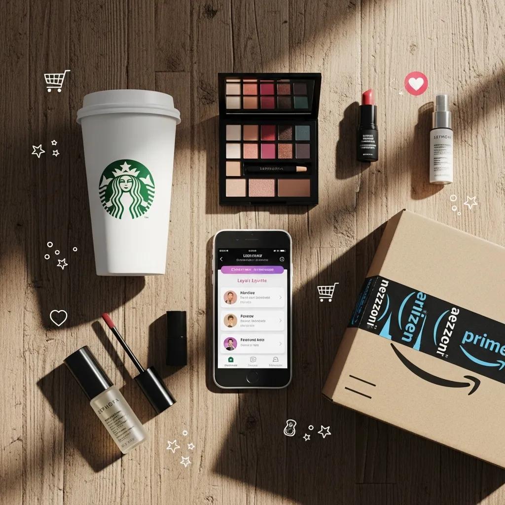 Starbucks cup, Amazon package, and Sephora products representing successful loyalty programs