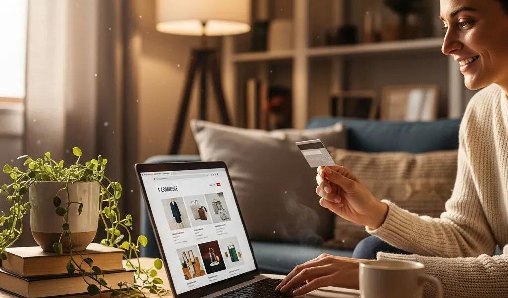Cozy lifestyle image of a person using a credit card for online shopping, emphasizing the Gold Points Rewards Program