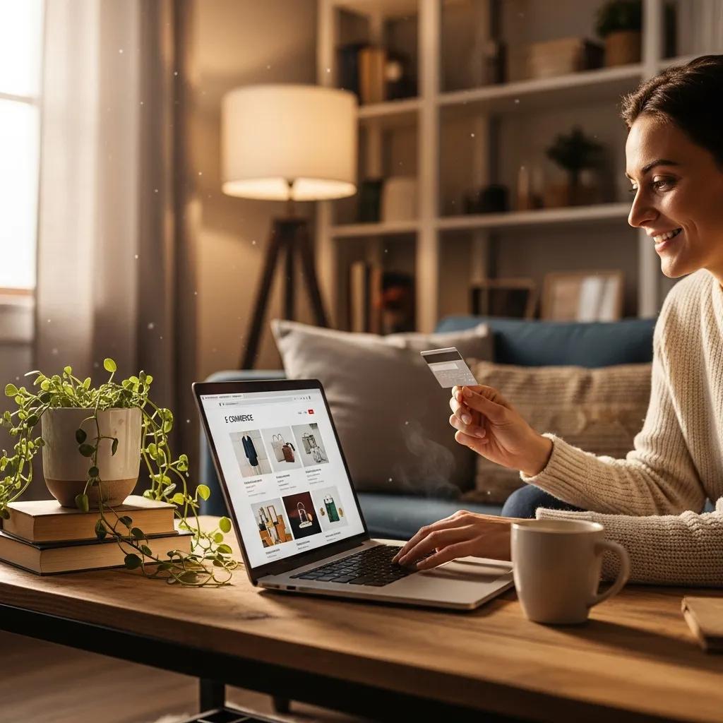 Cozy lifestyle image of a person using a credit card for online shopping, emphasizing the Gold Points Rewards Program