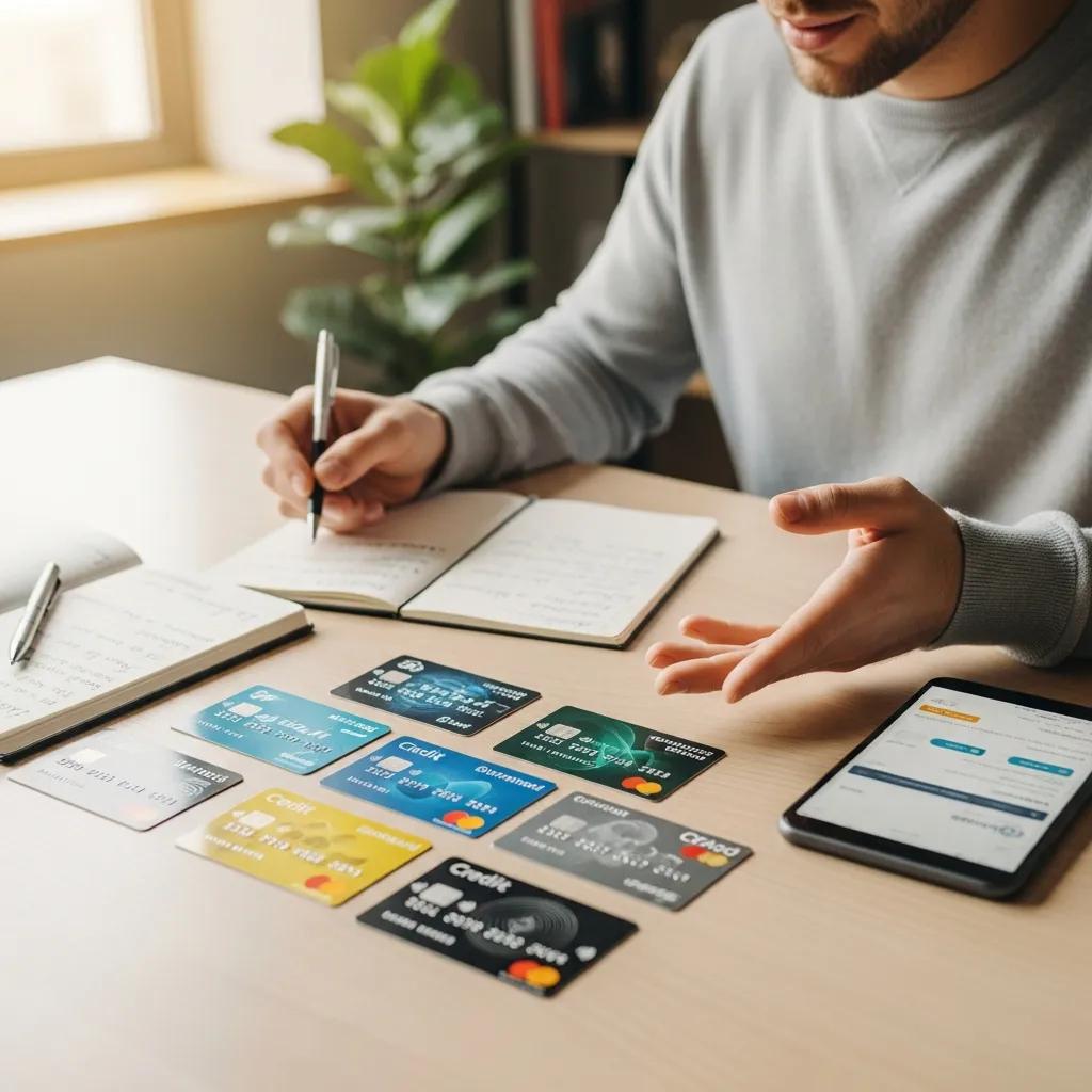 Image of a person comparing credit cards to maximize rewards, highlighting strategies for earning points