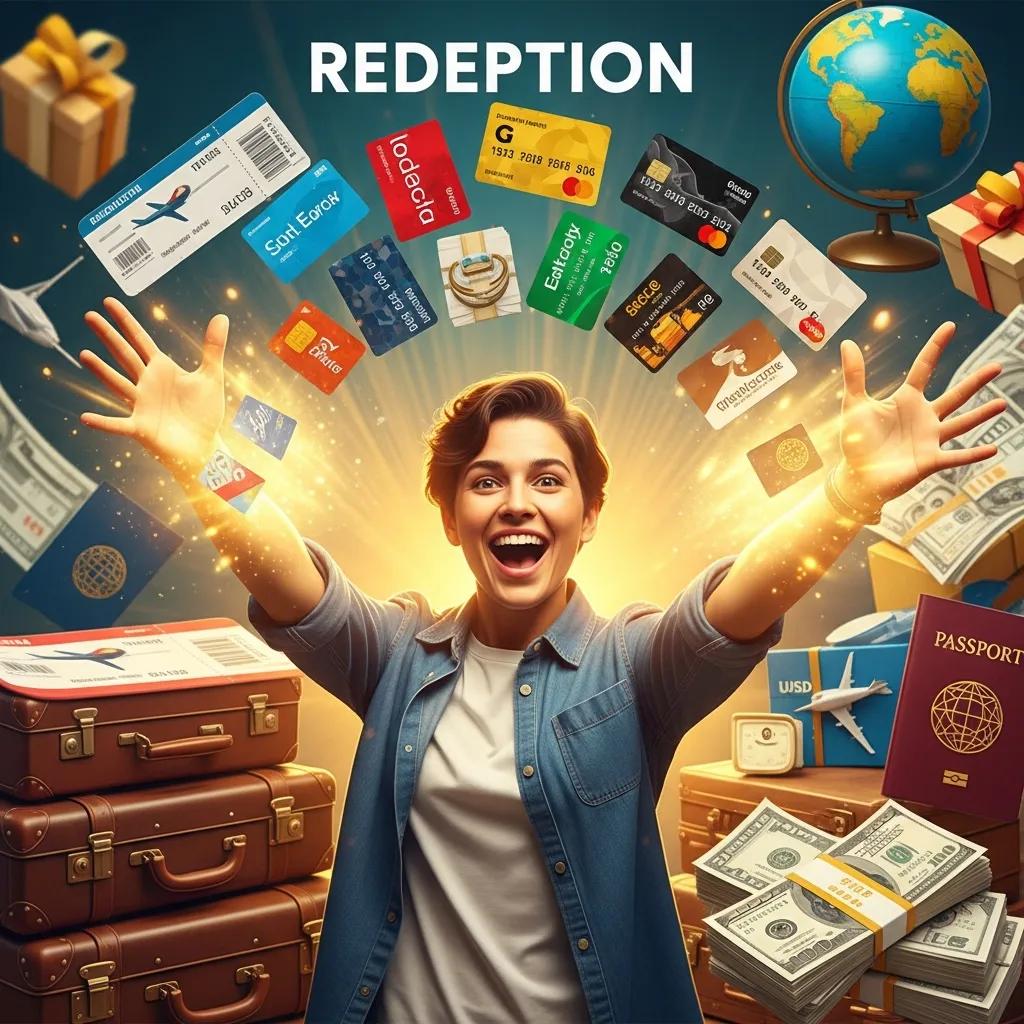 Vibrant image of a person redeeming rewards points for travel and gift cards, showcasing the benefits of the Gold Points Rewards Program
