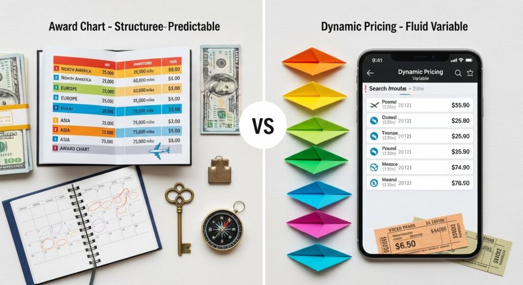 Illustration comparing airline award chart vs dynamic pricing for rewards, loyalty programs, and smart shopping