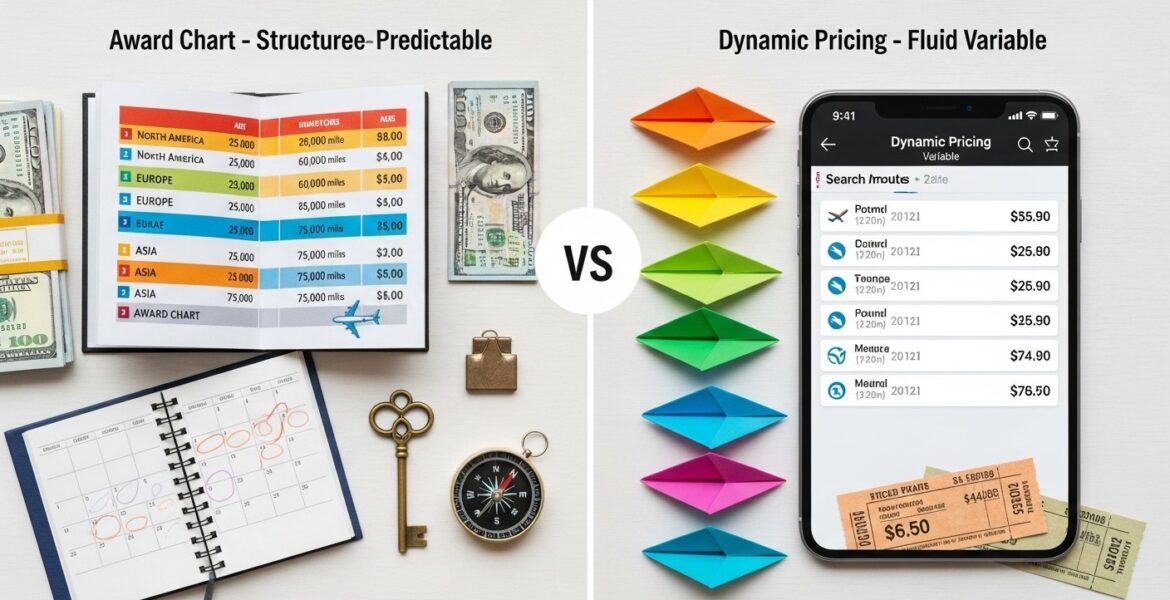 Illustration comparing airline award chart vs dynamic pricing for rewards, loyalty programs, and smart shopping