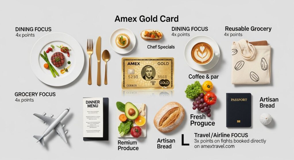 Illustration of American Express Gold Card for rewards, loyalty programs, and smart shopping review