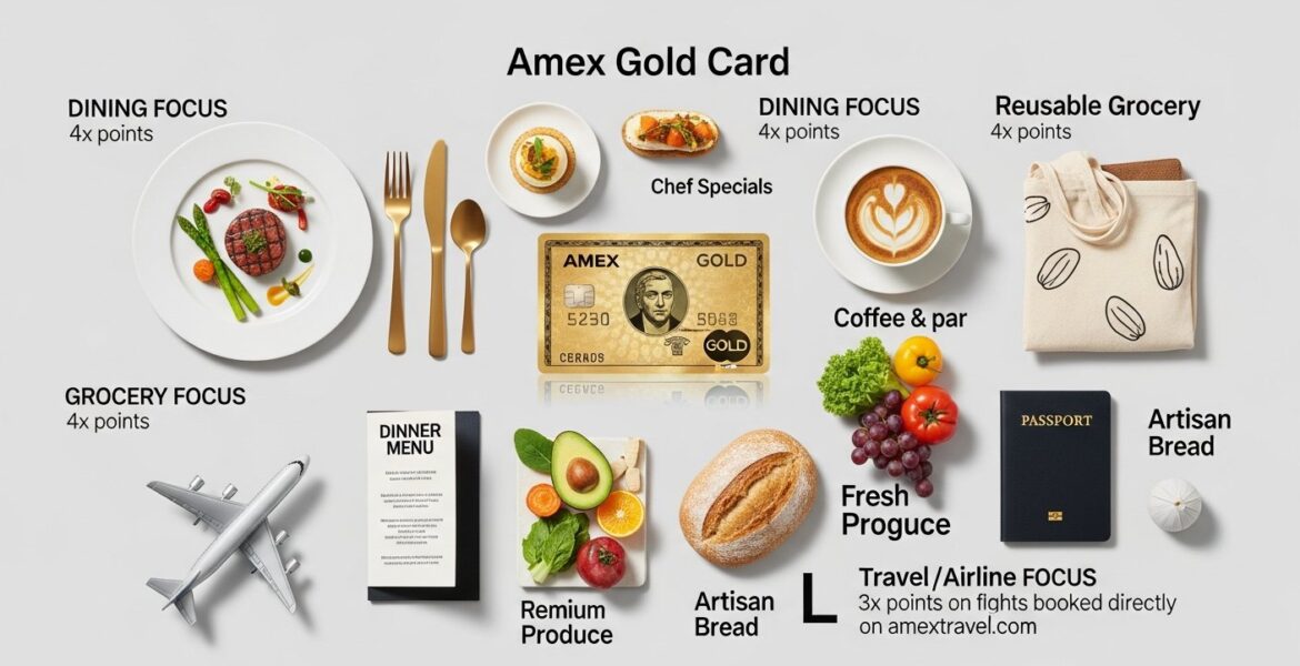 Illustration of American Express Gold Card for rewards, loyalty programs, and smart shopping review