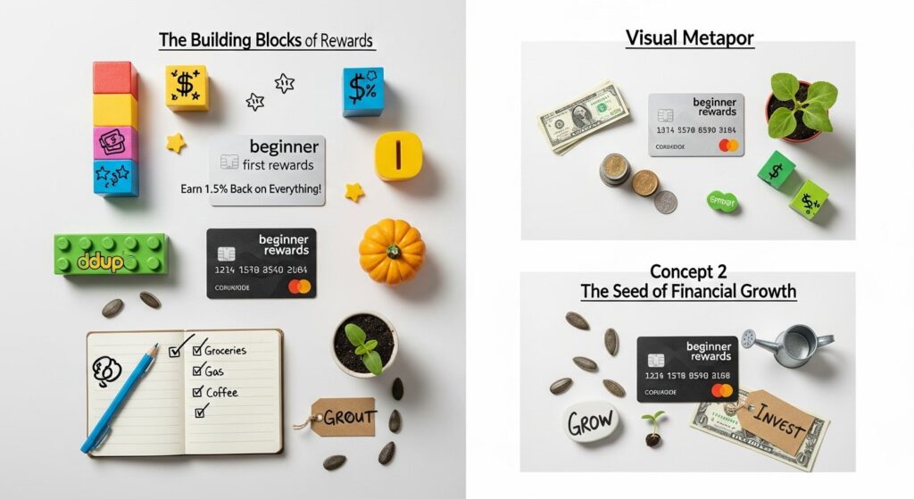 Illustration of a beginner-friendly rewards credit card with points, shopping bag, and loyalty program icons