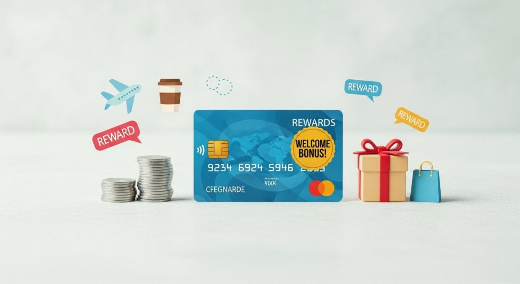 Illustration of a beginner rewards credit card highlighting loyalty program benefits and smart shopping tips