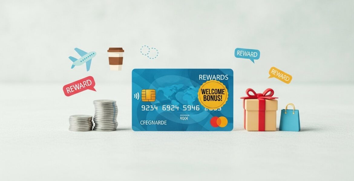 Illustration of a beginner rewards credit card highlighting loyalty program benefits and smart shopping tips