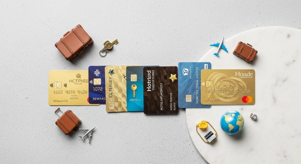 Illustration of hotel rewards credit cards and loyalty program benefits