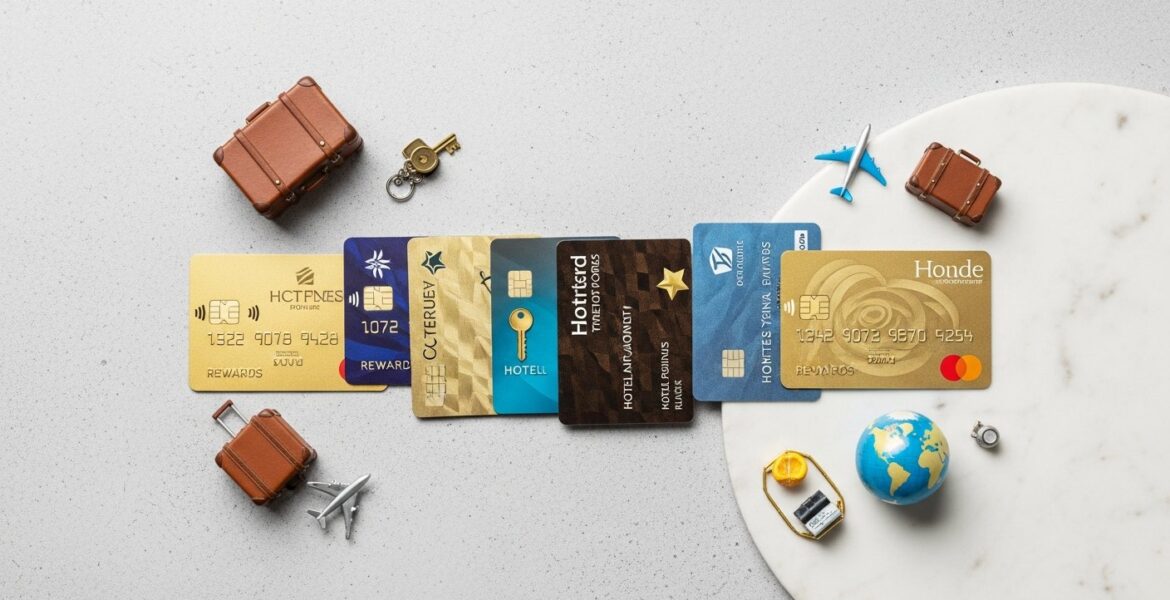 Illustration of hotel rewards credit cards and loyalty program benefits