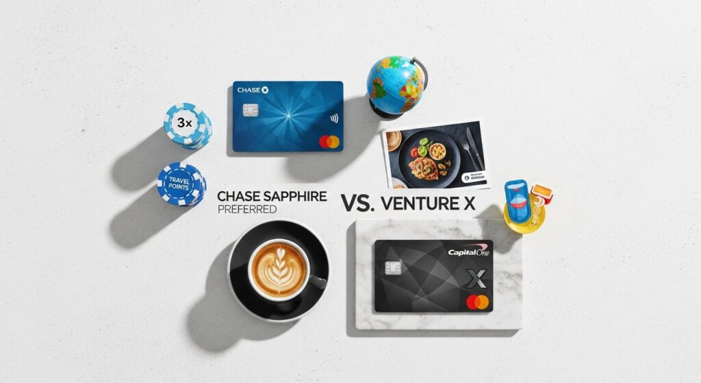 Featured illustration: Chase Sapphire Preferred vs Capital One Venture X credit card rewards and loyalty program comparison