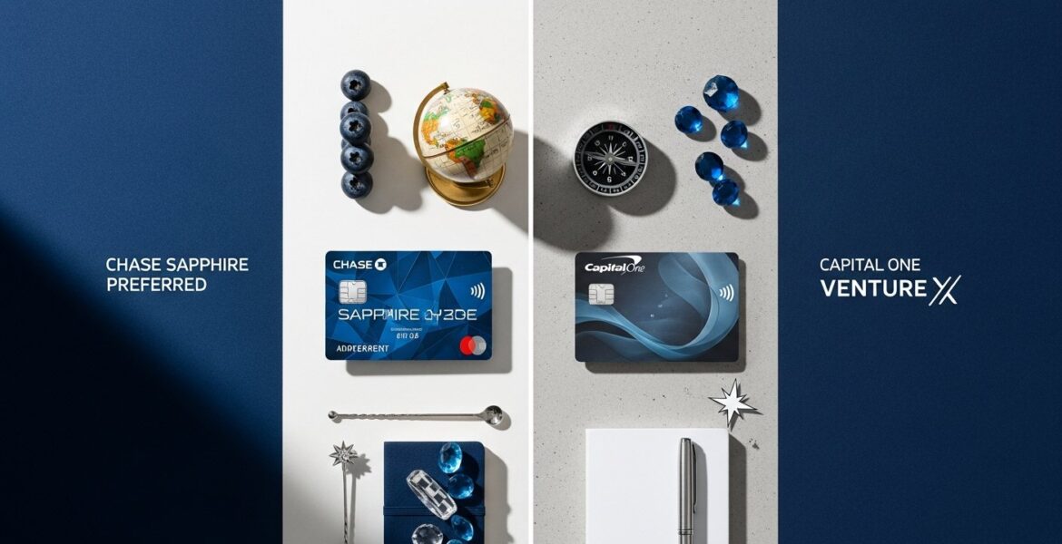 Illustration comparing Chase Sapphire Preferred and Capital One Venture X rewards and travel benefits