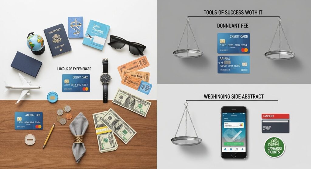 Illustration of credit cards, reward points and shopping bags representing loyalty programs and smart shopping