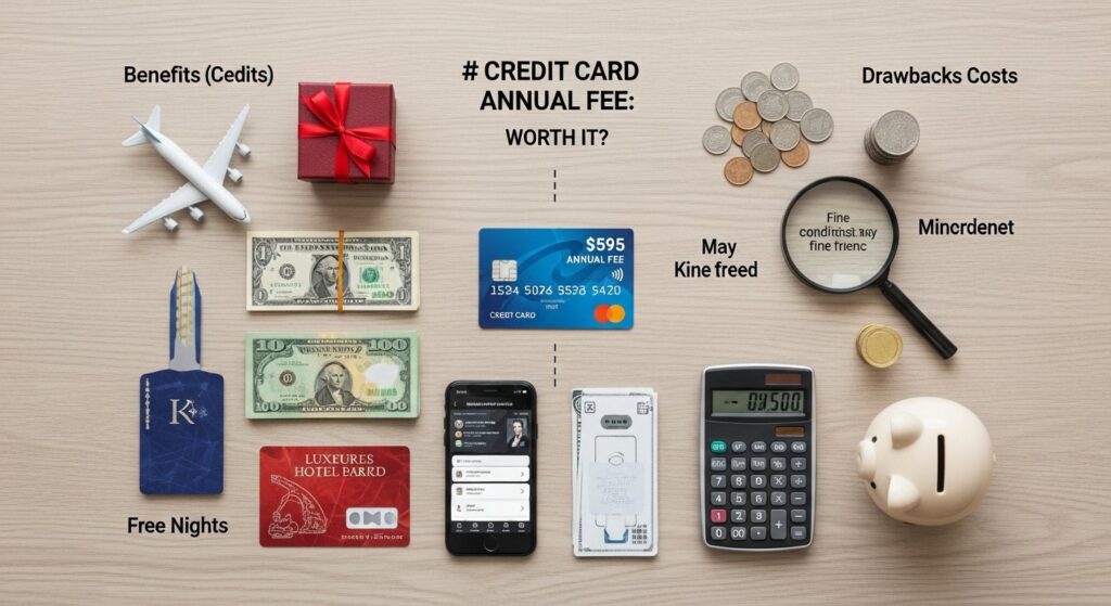 Illustration showing credit card annual fee vs rewards benefits for loyalty programs and smart shopping