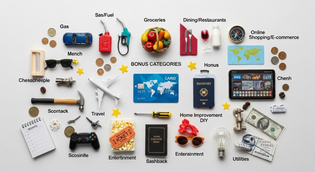 Featured illustration of credit card rewards, bonus categories, and loyalty program benefits for smart shopping