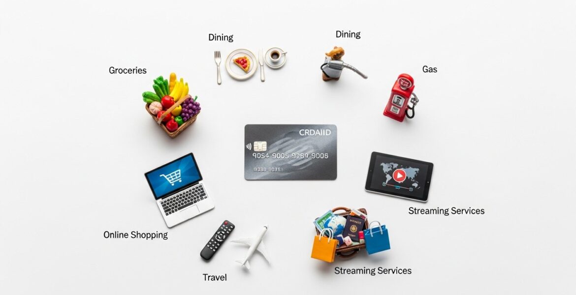 Illustration of credit card bonus categories highlighting rewards, loyalty programs, and smart shopping
