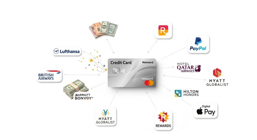 Illustration of credit card with arrows showing transfers between loyalty program partners for rewards