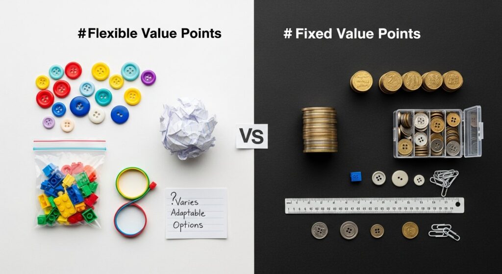 Illustration comparing flexible vs fixed-value loyalty points for rewards and smart shopping.
