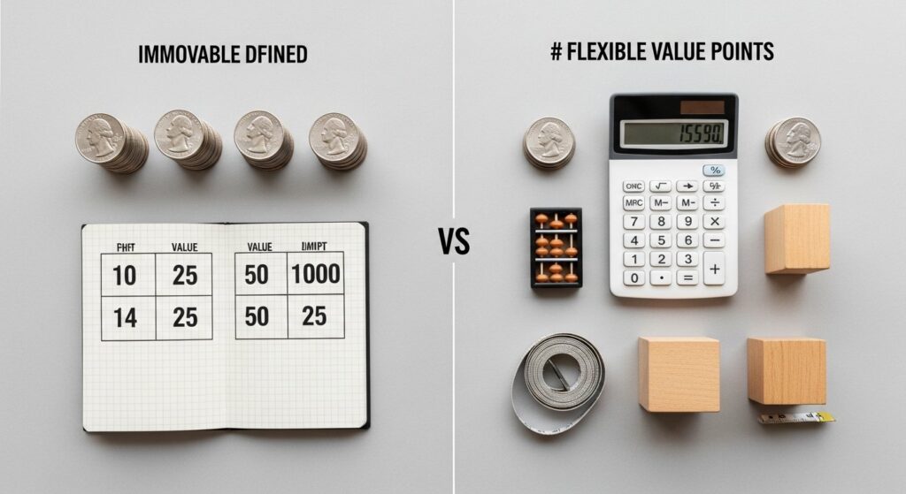 Illustration comparing flexible vs fixed-value reward points in loyalty programs and smart shopping