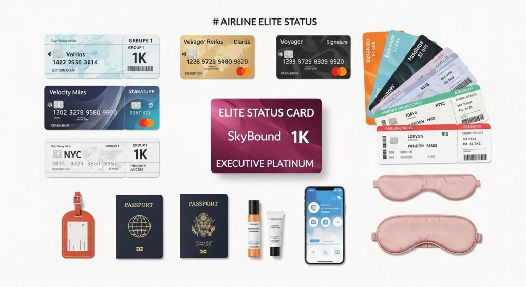 Illustration of traveler earning airline elite status through loyalty rewards and smart shopping tips