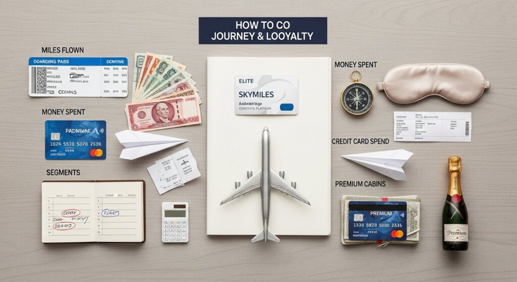 Illustration showing how to earn airline elite status and loyalty program rewards