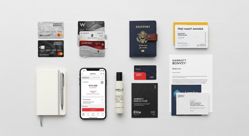 Illustration of Marriott Bonvoy loyalty program showing points, hotel icon and credit card representing rewards