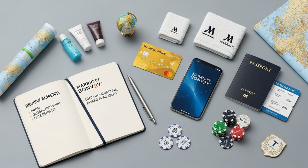 Illustration for Marriott Bonvoy loyalty program review showing reward points, elite status, and travel benefits