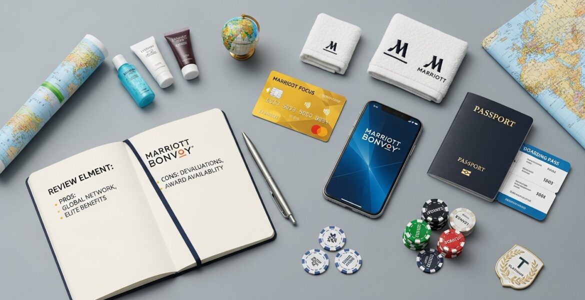 Illustration for Marriott Bonvoy loyalty program review showing reward points, elite status, and travel benefits