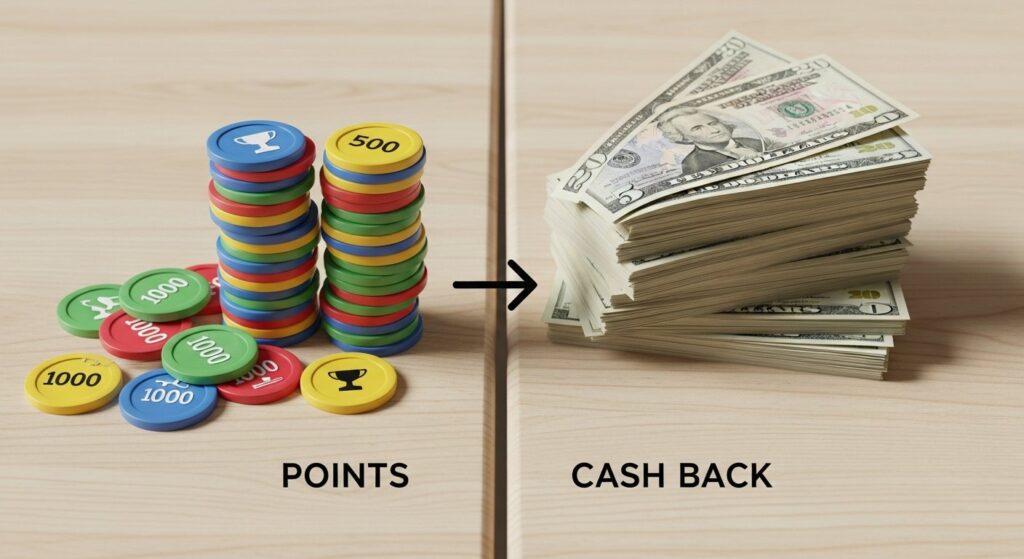 Illustration comparing points vs cash-back rewards in loyalty programs and smart shopping