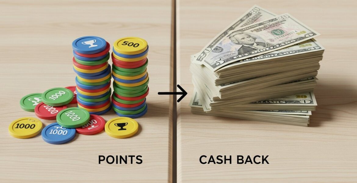 Illustration comparing points vs cash-back rewards in loyalty programs and smart shopping